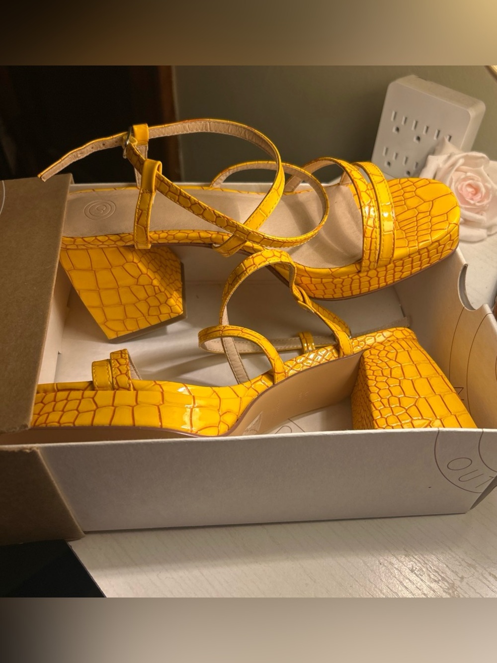 UO Yellow Croc-Embossed Block Heel Sandals - Women